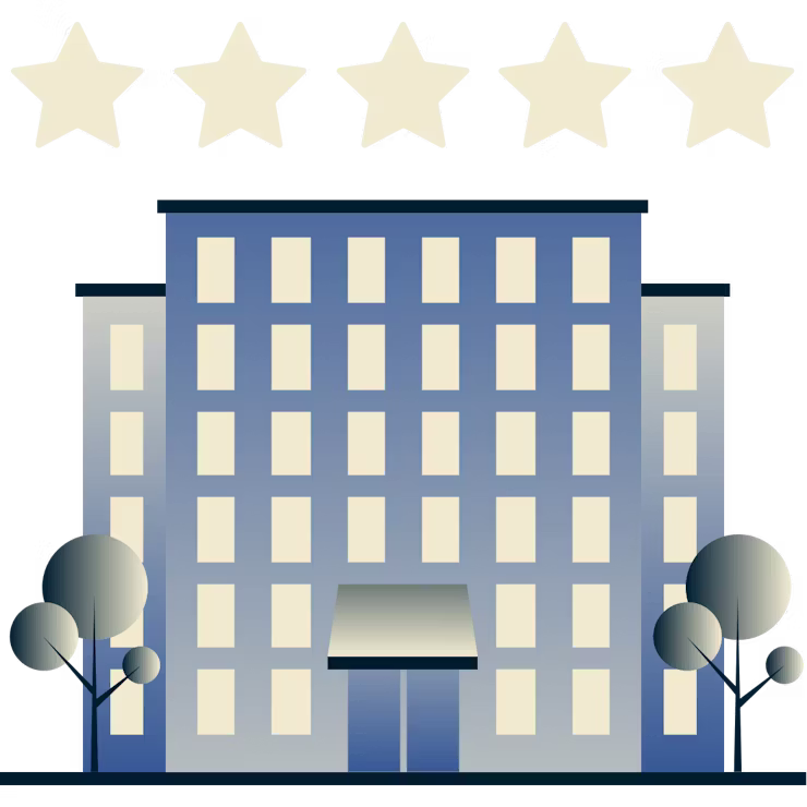 Groot hotel met daarboven 5 sterren.
