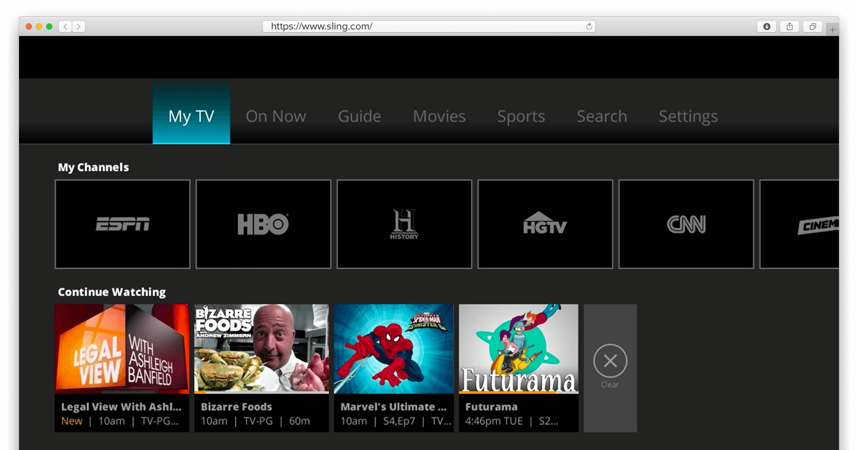 Kuvakaappaus Sling TV:n kotinäkymästä.